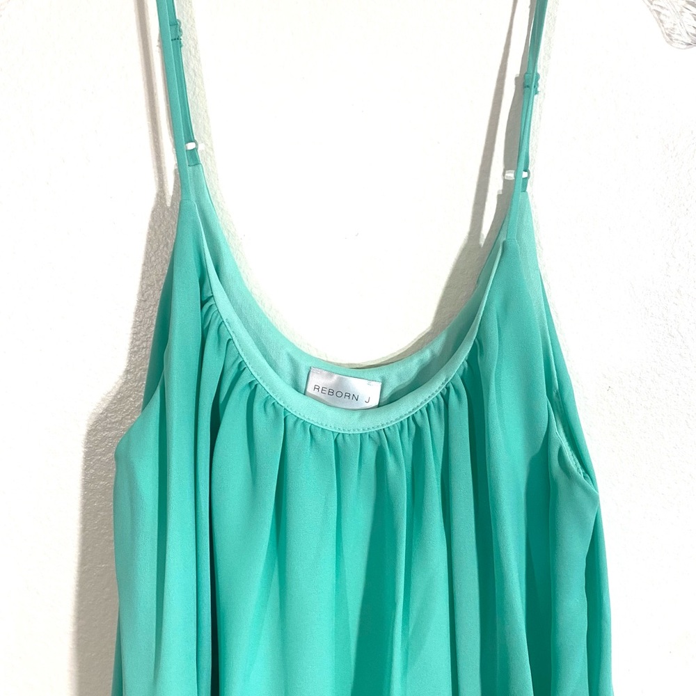 Aqua Mint sleeveless strappy scoop neck lace trim hem detail flowy tunic top. - Picture 9 of 16
